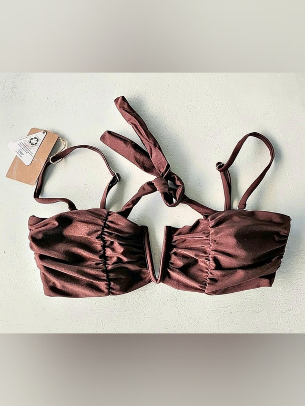 BERLOOK Ruched Bikini Top in Brown Size Medium NWT